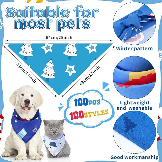 Huhumy 100 Pcs Winter Dog Bandanas Bulk Pet Bibs Blue Triangle Scarf Snowflake Pet Bandanas for Medium Large Dogs Winter Snowflake Christmas Party Holiday Festival Costume Decor