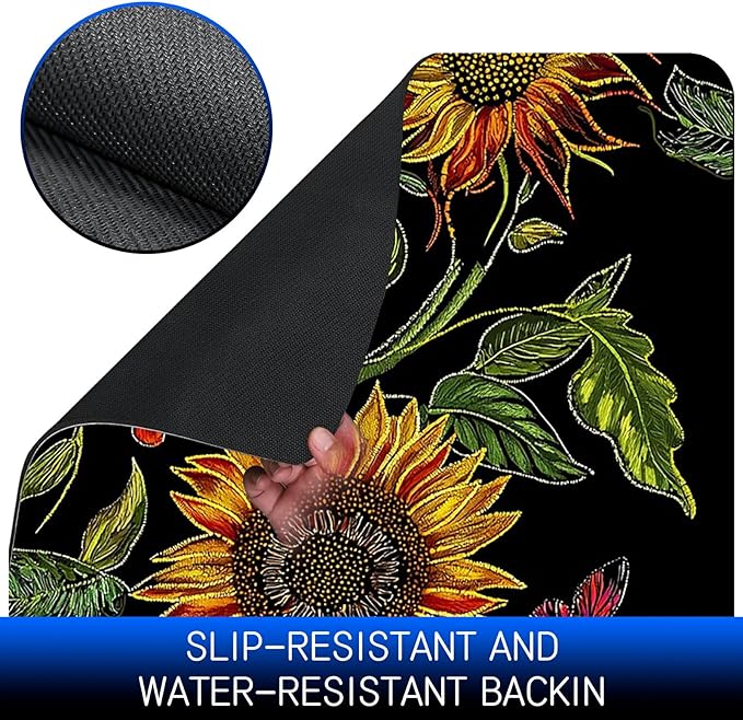 Dog Food Mat, 15.7" x 23.6" Absorbent Pet Feeding Mat for Food and Water, Waterproof Diatom Mud Pet Placemat with Non-Slip Rubber Backing, Cat Bowl Mat for Floors - Red Butterfly Sunflower