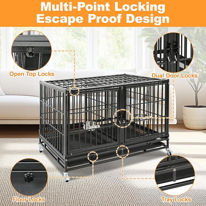 Homey Pet Three Tiers 43 inch Heavy Duty Dog Crate with Wheels, Stackable Indestructible Steel Dog Cage Kennel Indoor with Divider, Trays, Bowls, Escape Proof Locks for Breeder and More