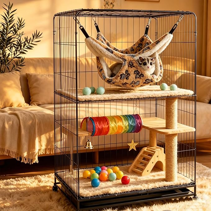 Guinea Pig Ferret Hammock for Cage - Machine Washable Double-Decker Hanging Bed - Fits Sugar Glider,Fancy Rat,Hamster,Gerbil - 13.3" x 13.3" Coffee-Footprints