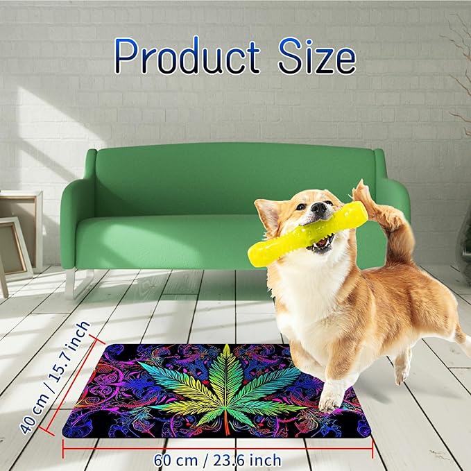 Dog Food Mat, 15.7" x 23.6" Absorbent Pet Feeding Mat for Food and Water, Waterproof Diatom Mud Pet Placemat with Non-Slip Rubber Backing, Easy Clean Cat Bowl Mat for Floors - Green Leaves