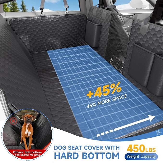 Dog Car Seat Cover for Back Seat Waterproof Oxford Fabric, Hard Bottom Seat Extender, Scratchproof, Anti-Slip, Dog Hammock for Car with Mesh Window, Fit Full Size Truck, Black