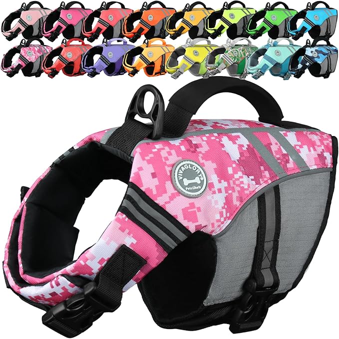 VIVAGLORY Sports Style Dog Life Vest, Dog Life Jacket for Swimming & Boating, Ripstop & Buoyancy for Puppy Doggy, Lifejacket with Handle, XS, Camo Pink