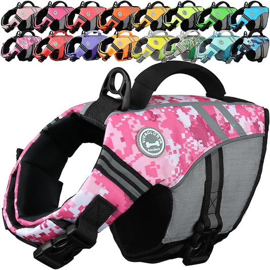 VIVAGLORY Sports Style Dog Life Vest, Dog Life Jacket for Swimming & Boating, Ripstop & Buoyancy for Puppy Doggy, Lifejacket with Handle, XS, Camo Pink