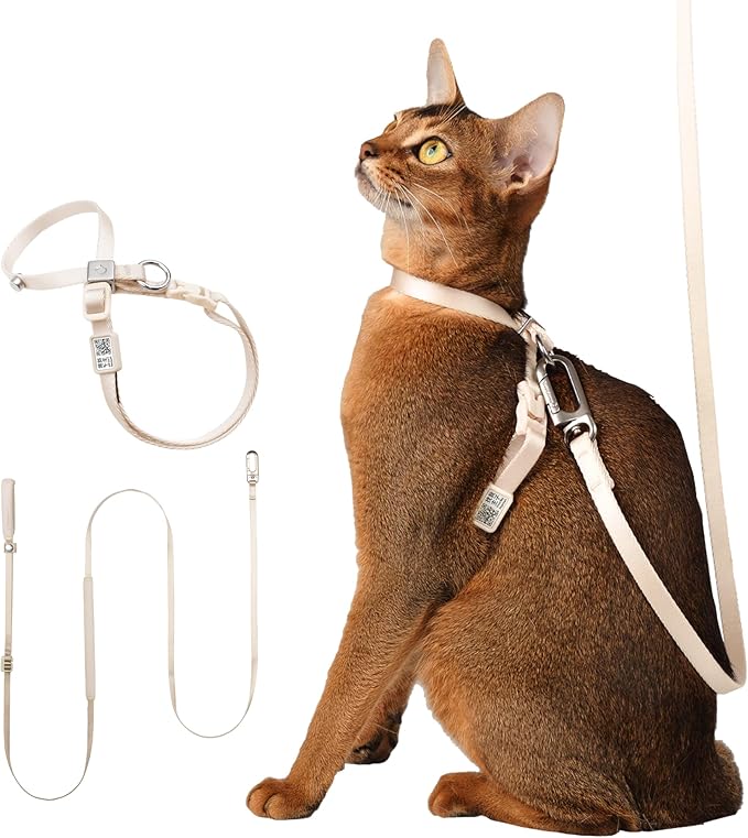Cat Harness and Leash Set, Escape Proof Figure 8 Cat Harness Adjustable Anti-Choke Quick Release w/QR Tag, Soft Thin Crossbody/Waist Leash and Harness Set for Cats≤22lbs (Linen, S)