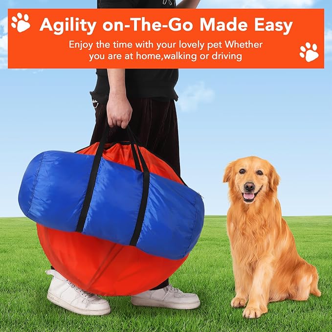 Hipicute Dog Agile Training Equipment Set Outdoor Indoor,70" Tunnel + Tire Jump + Hurdle Jump, Weave Poles, Pause Box, 2 Toy Balls, 1 Whistle, Carry Bag, Premium Dog Obstacle Course Kit