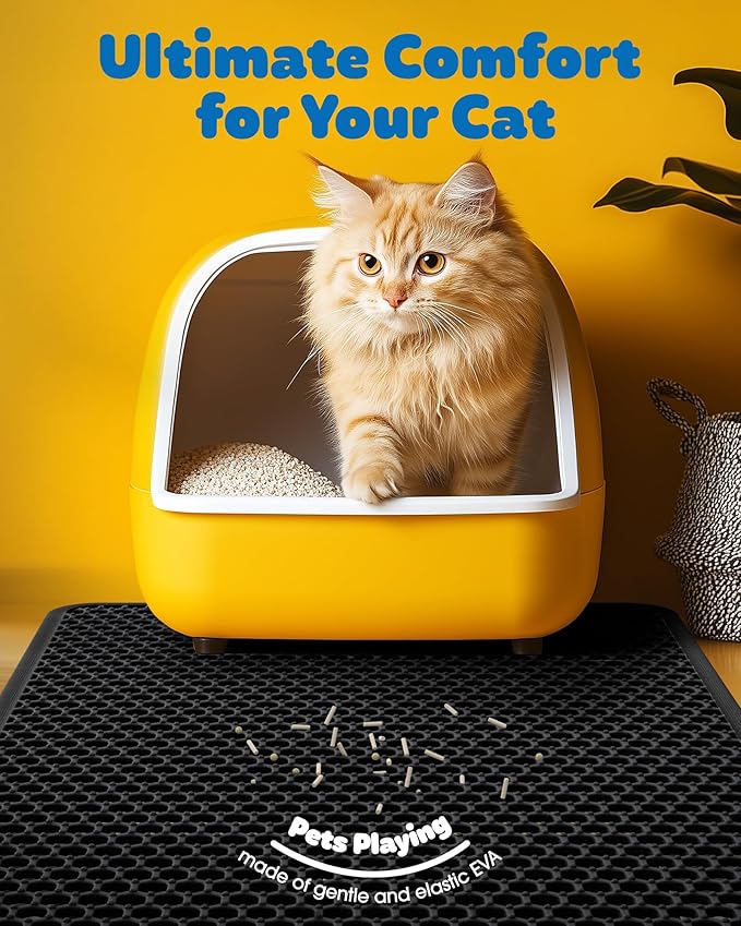 Cat Litter Mat - 30'' x 24'' Large Litter Trapping Mat, Easy to Clean Litter Box Mat, Waterproof, Urine-Proof, Non-Slip, Cat Toilet Training Systems Accessories, Black