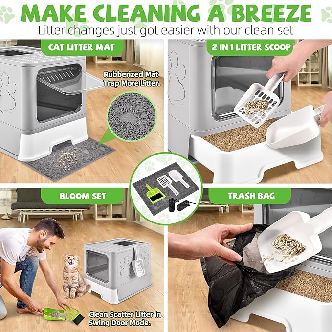 Covered Cat Litter Box with Litter Mat, Foldable Extra Large Dual Entry Adjustable Door, Drawer Design Enclosed Kitty Litter Box, Odor Control Anti-Splashing Easy Cleaning (Light Grey)