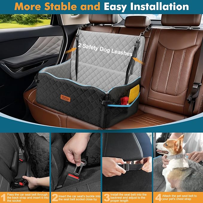 Large Dog Car Seat, Dog Car Bed for Large Dogs Under 60 lbs or 2 Small Breeds, Comfortable Pet Booster Seat with Soft Foam Thick Cushion, Detachable & Washable Pet Bed for Backseat, Black+Grey