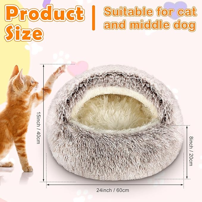 Cinnvoice 2 Pcs Self Warming Cat Beds with Hood, Self Heating Dog Cave Bed, Fluffy Round Covered Pet Pad, Plush Hooded Pet Beds with Non-Slip Bottom for Indoor Cat or Small Middle Dog(Coffee,24 in)