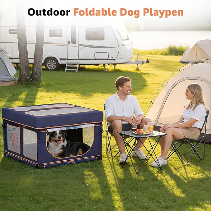 LOOBANI Foldable Dog Playpen Outdoor: 1 Min Setup Pet Puppy Playpen Indoor with Cover & Bag, Portable Dog Fence for Yard, RV Camping, Travel-43.3"x43.3"x27.1"│Patented (Blue+Yellow)