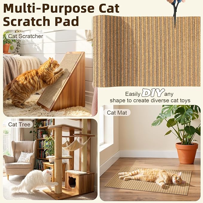 Cat Scratch Mat, 39.4 * 11.8IN Cork Cat Scratch Pad, Adhesive Scratching Couch Furniture Protector, DIY Scratching Pad, Corrugated Paper Scratcher from Claws for Indoor, Brown