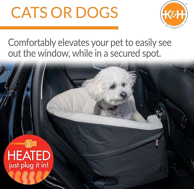 K&H Pet Products Bucket Booster Dog Seat with Safety Leashes, Washable, Sturdy for Small, Medium Dogs - Heated Charcoal/Cream