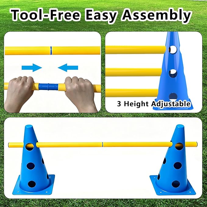 12 Sets Dog Agility Hurdle Cone Set, 3 Height Adjustable Backyard Agility Course Equipment for Beginners, Puppies & Dog Rehabilitation Training（Blue）