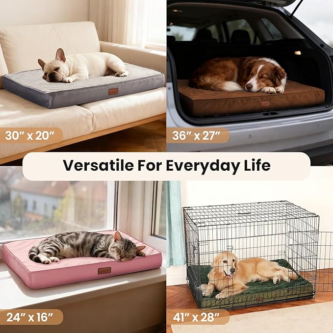 OhGeni Orthopedic Waterproof Dog Bed for Medium Dogs, Machine-Washable Removable Cover in Easy-Clean Fabric, Reversible Memory Foam & Easy-Carry Handle, Suitable for Crate, 30 inch (Gray)
