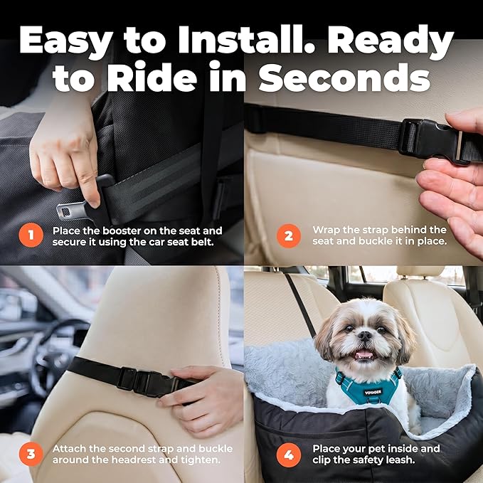 Best Pet Supplies Elevated Dog Car Seat for Small Dogs, Booster Seat with Safety Tether & Storage, Washable Travel Pet Seat for Front or Back Seat, Up to 25 lbs - Black - 21 x 20 x 14