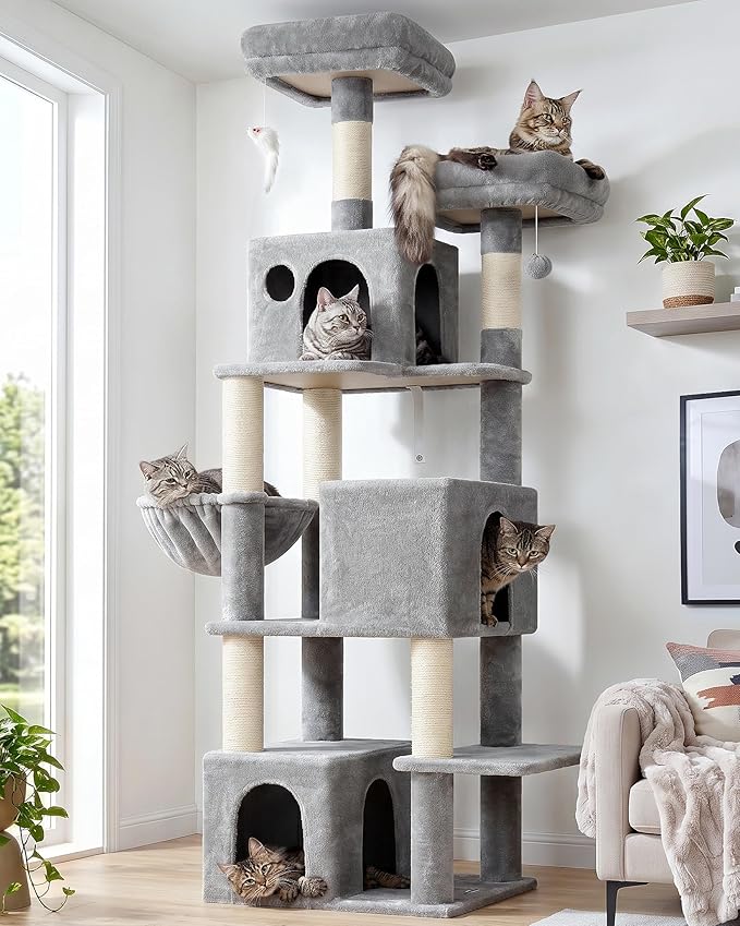 Globlazer Cat Tree Tall, 71 inches Cat Tower for Indoor Adult Cats Multi-Level 3 Condos for Indoor Cats XL Cat Tree Tower with Scratching Posts, Soft Extra Large Hanging Basket, F71, Light Gray