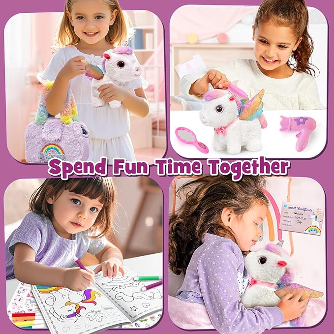 G.C Interactive Walking Unicorn Toys for Girls age 4-6, Electric Unicorn Plush with Bag & Coloring Book & Groom Accessories, Pretend Play Pet Care Kit Toddler Girl Christmas Birthday Gift 3 4 5 6 Year