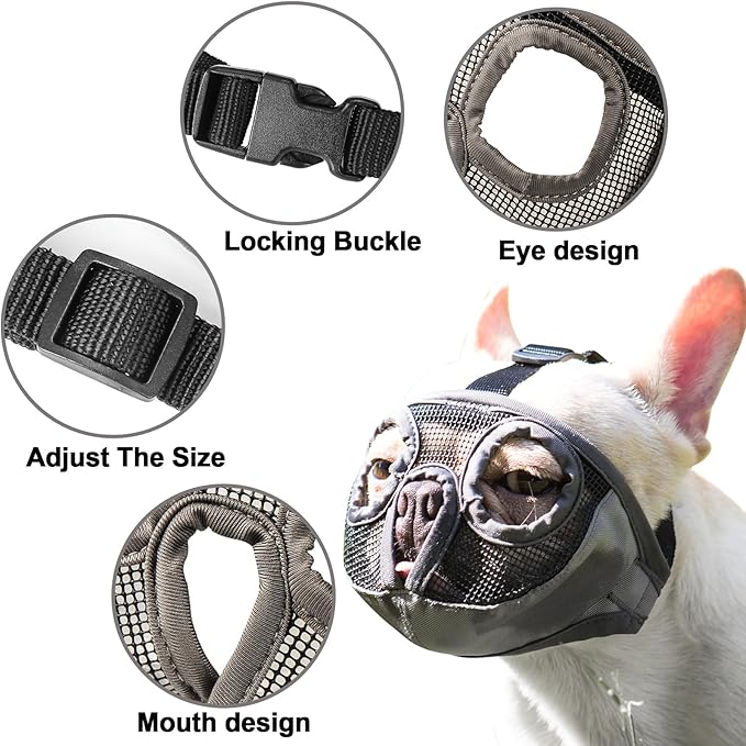 Short Snout Dog Muzzles- Adjustable Breathable Mesh Bulldog Muzzle for Biting Chewing Licking Training Grooming Dog Mask (Grey, Large)