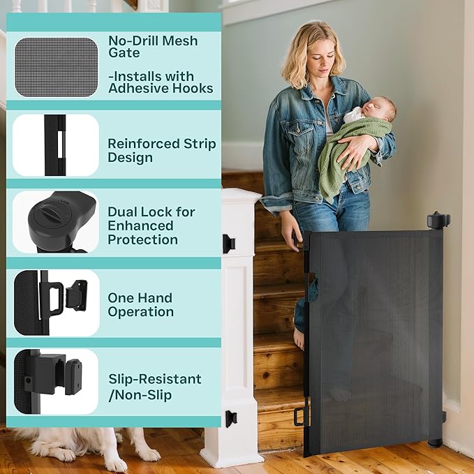 236 Inch Extra Wide Retractable Baby Gate,Mesh Baby Gate or Mesh Dog Gate,34" Tall,Child Safety Gate for Doorways, Stairs, Hallways, Indoor or Outdoor