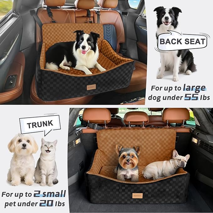 JOEJOY Dog Car Seat for Medium/Large Dogs - Reversible Dual-Sided Travel Dog Car Bed with Memory Foam, Washable Pet Booster Seat for Do gs up to 55 lbs or 2 Small Dogs, 2 Safety Leashes, Brown