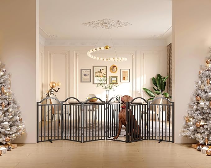 BHG Metal No-Assembly Freestanding Dog Gate with Door Walk Through, Extra Wide 120", Extra Tall 30" Pet Gate, Accordion Puppy Folding Playpen Dog Fence for Indoor & Outdoor, with 2PCS Support