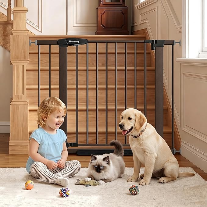 Mumeasy 29.7-40.6" Baby Gate for Stairs, Auto Close Dog Gate for Doorways, Pressure Mounted No Drill Pet Gate with Easy Walk Thru Door, Double Lock, Brown
