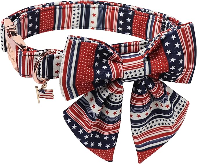 American Flag 4 of July Dog Bow Collar, Independence Day Adjustable Patriotic Dog Collar with Sailor Bowtie for Small Dogs,S