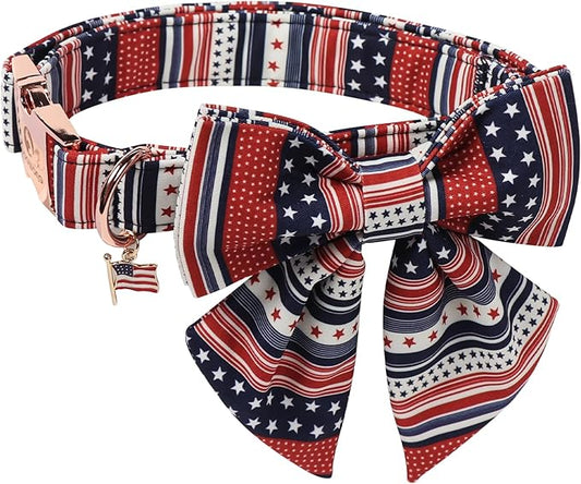 American Flag 4 of July Dog Bow Collar, Independence Day Adjustable Patriotic Dog Collar with Sailor Bowtie for Medium Dogs,M
