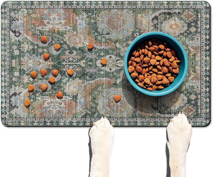 Vintage Tribal Dog Food & Water Mat, Boho Pet Feeding Mat for Floor Non-Slip Waterproof, Super Absorbent Cat Bowl Mat, Easy to Clean Durable Pet Placemat,16" × 24"