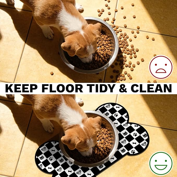 Pet Dog Cat Food Mat, Absorbent Bone Shaped Dog Bowl Mats for Food and Water, Non Slip Cute Footprint Dogs Cat Placemats Feeding Mat for Floors Puppy Pet Accessories Supplies 16"x24" Black White