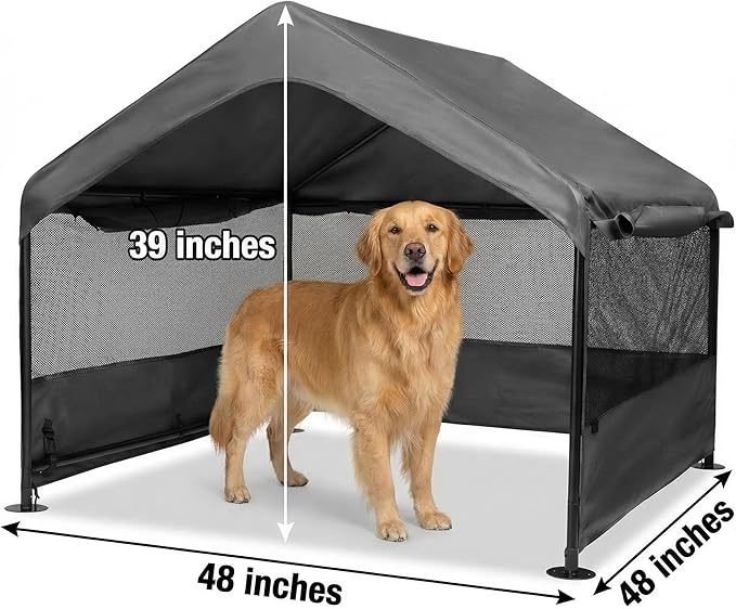 Dog Tent House Outdoor Shade 4'x4'x3' Shelter for Large Medium Pets,Outside Sun Rain Waterproof Canopy with Three-Sided Breathable Mesh Windows,Livestock House with Ground Nails,Dark Gray