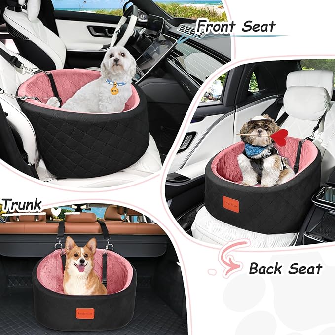 Lealchum Dog Car Seat for Small Dogs Up to 30 Lbs,Ultra Soft Fabric Fill in Comfy Memory Foam,Happy Pet Ride,2 Safety Dog Leashes,Fully Detachable and Washable,Anti Slip Base (Black/Pink, Small)