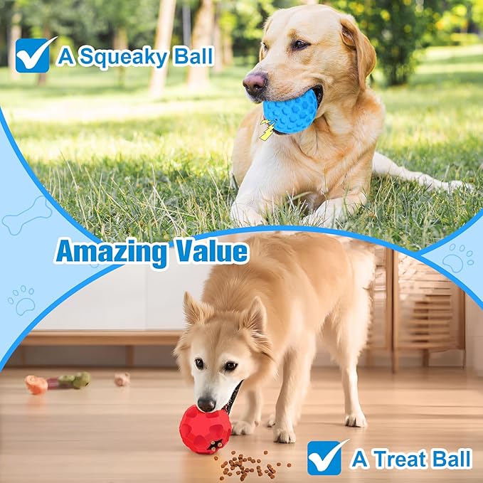 2-in-1Indestructible Dog Toy Balls for Aggressive Chewers, Interactive 3.15”Squeaky Dog Balls and 3.54”Treat Dispensing Ball to Keep Them Busy, Chew Toys for Large Dogs, Enrichment Toy