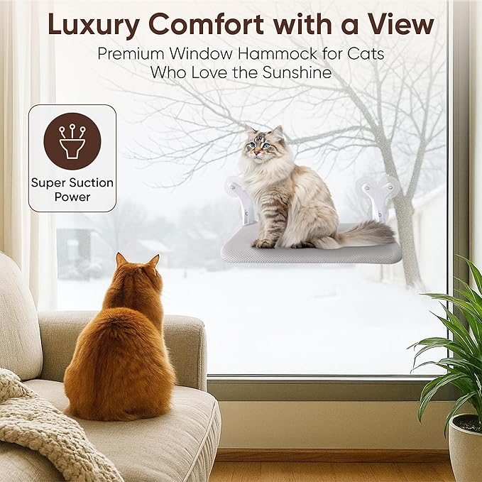 Cordless Cat Window Perch, Foldable Window Hammock with 6 Strong Suction Cups, Window Cat Bed for Indoor Cats