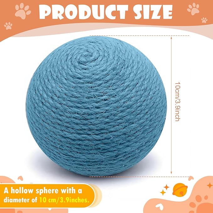 3.94 inch Sisal Cat Ball Toy, Interactive Natural Cat Scratching Ball, Perfect Scratcher for Cats' Exercise and Fun (Blue)