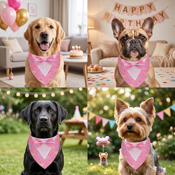 ADOGGYGO Birthday Girl Dog Tuxedo Bandana, Pink Collar with Bow Tie, Adjustable Formal Birthday Costume for Extra Small Dogs (XS)