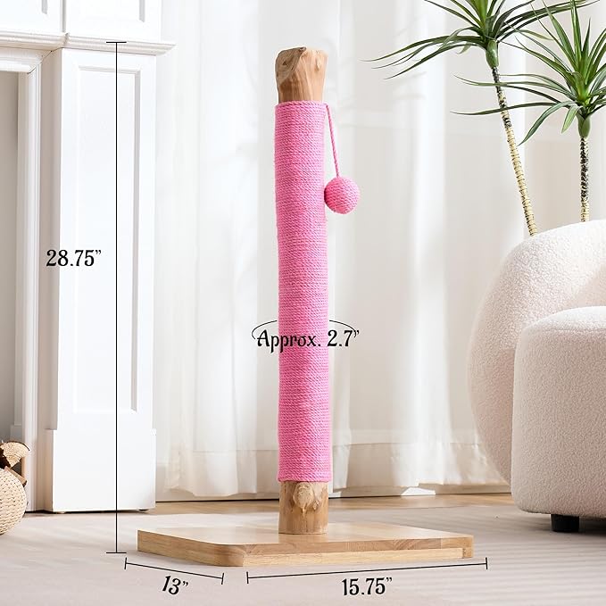 29" Tall Solid Wood Cat Scratching Post for Indoor Cats, Extra Stable Heavy Base, Natural Sisal Scratcher with Hanging Ball, Furniture Protector for Kittens & Adult Cats, Pink