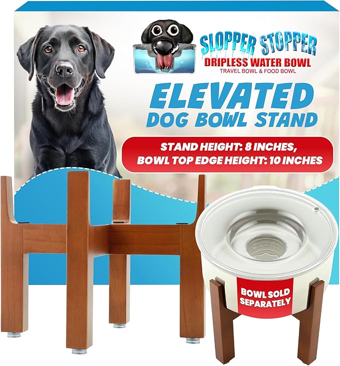 Slopper Stopper Elevated Single Wooden Dog Bowl Stand – Easy Assembly with 1 Bolt and Adjustable Feet, Made from New Zealand Pine Finish, Fits Slopper Stopper 1-Gal Bowls, The Original Slobber Stopper