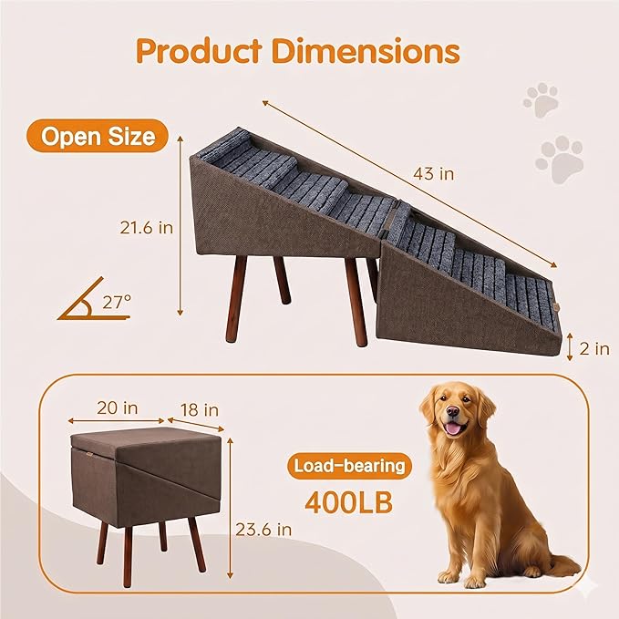2-in-1 Dog Stairs for Bed and Couch, 21.6 Inch High,Foldable Ottoman with 6 Steps, Joint Relief for Small and Large Dogs (Coffee H 21.6'')