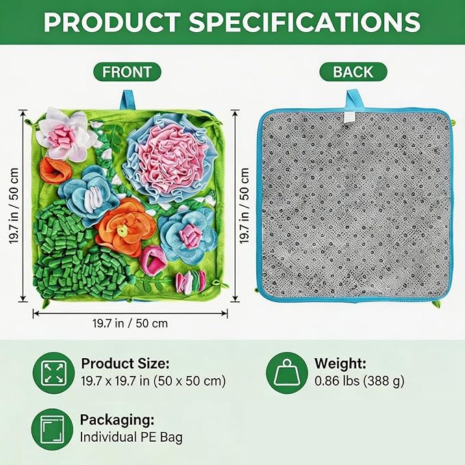 Snuffle Mat for Dogs, 19.7" Interactive Puzzle Mat with Heavy-Duty Table-Fixing Straps, Durable Dog Sniffing Mat for Slow Feeding & Enrichment, Non-Slip Foraging Mat for Large/Small Dogs.