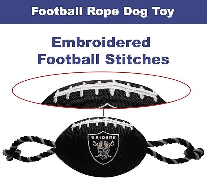 Pets First NFL Raiders Football Dog Toy, Tough Quality Nylon Materials, Strong Pull Ropes, Inner Squeaker, NFL Team Color
