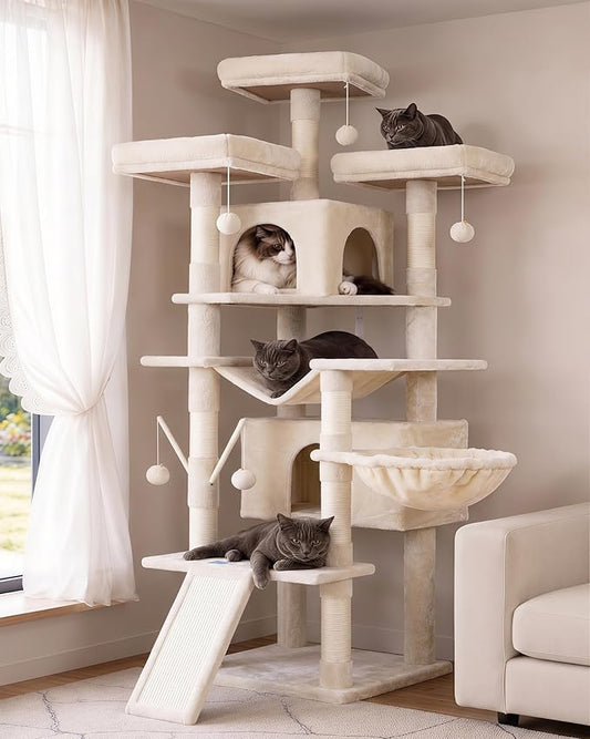 Hey-brother Cat Tree, 71 inches XL Large Cat Tower for Indoor Cats, Multi-Level Cat House with 3 Padded Perches, Big Scratcher, Cozy Basket, 2 Cat Condos and Scratching Posts, Beige MPJ034M