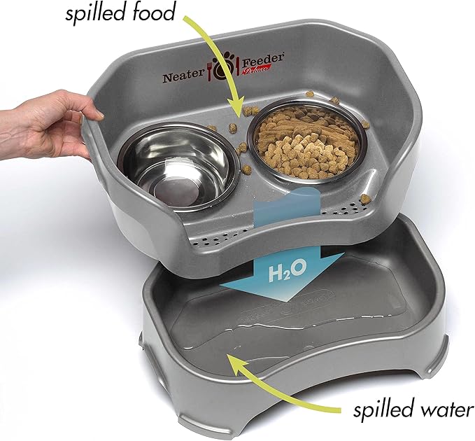 Neater Feeder Deluxe Mess-Proof Elevated Cat Bowls, 2 Height Adjustable (6” & 7.5”) No-Spill Raised Cat Bowl Stand, Whisker Friendly Stainless Steel Dishes for Indoor Cats, Made in USA, Gunmetal