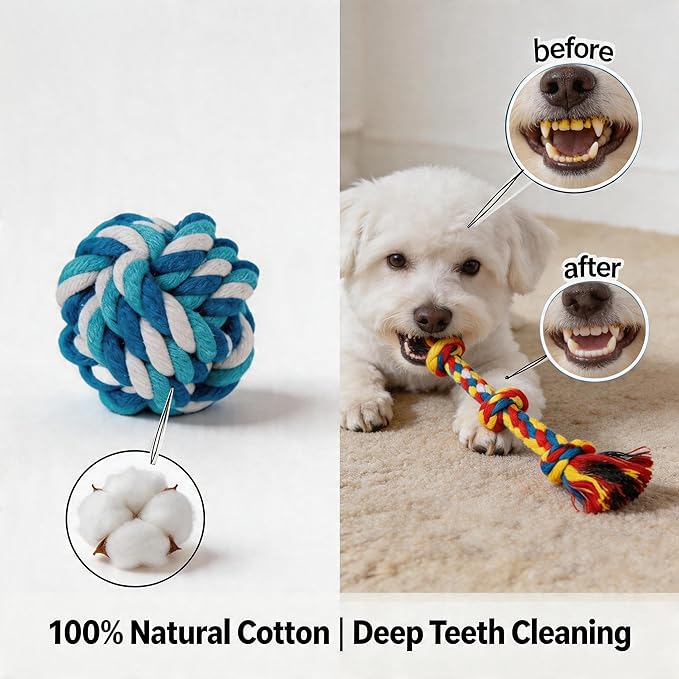 4-Pack Cotton Rope Dog Toys for Small-Medium Breeds, Puppy Teething Chews, Durable Tug-of-War & Fetch Toys for Indoor/Outdoor Play, Aggressive Chewers, Boredom Relief, Teeth Clean