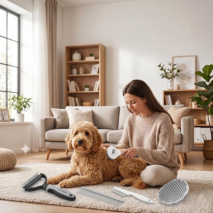 Dog Brush Grooming Kit 5 PCS - Self Cleaning Slicker Brush for Shedding Short Long Haired Dogs & Cats, Includes Pet Comb, Flea Comb, Bath Brush, Undercoat Rake - Complete Fur Care Set - Gray