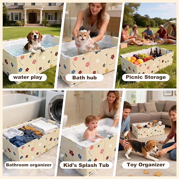 Foldable Dog Bathtub for Small to Medium Dogs & Cats, Collapsible Pet Bath Tub for Shower/Kitchen Sink, Thickened Insulated Base, Portable & Space-Saving Puppy Wash Basin, 27.5" x 15.7" x 9", Yellow