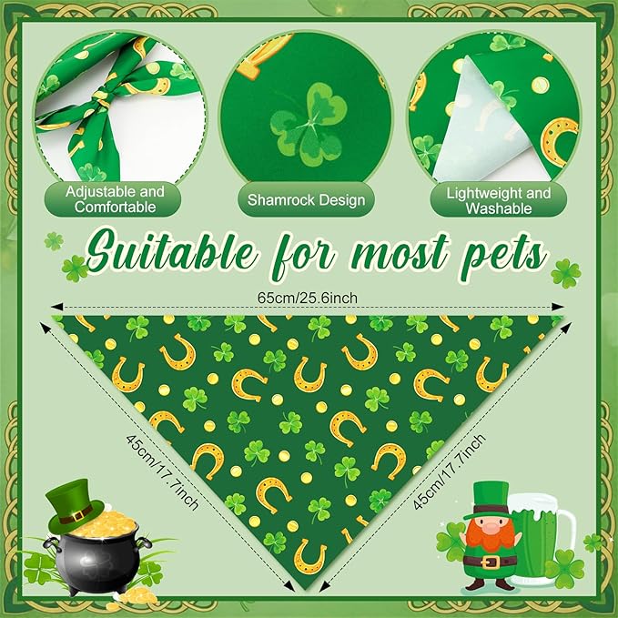 Chunful 120 Pcs St Patricks Day Bandanas Bulk for Dogs Adjustable Irish Shamrocks Clover Green Hat Plaid Triangle Soft Bibs Puppy Bandana for Small Medium Large Pet Costume(25.6 x 17.7 x 17.7 Inch)