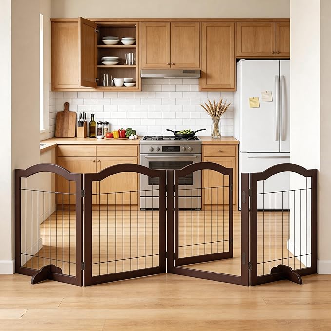 Vantas Folding No-Assembly Dog Door Pet Gate 96" Wide, 30" Tall Wooden Dog Gate with Door Walk Through, Freestanding Wire Pet Gate, Pet Puppy Safety Fence, with 2PCS Support – Espresso