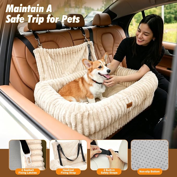 Pawaboo Dog Car Seat, Dog Booster Car Seats with Memory Foam, Thickened Cushion & Washable Removable Cover, Pet Travel Carseat Bed with Safety Leashes for Medium/Large Dogs or 2 Small Dogs, Beige